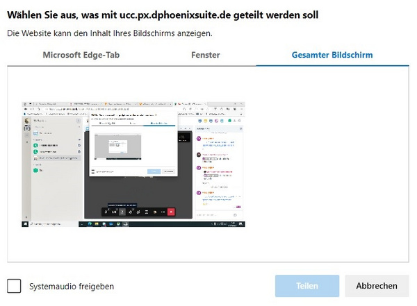 Fenster: Auswählen, was Sie teilen wollen